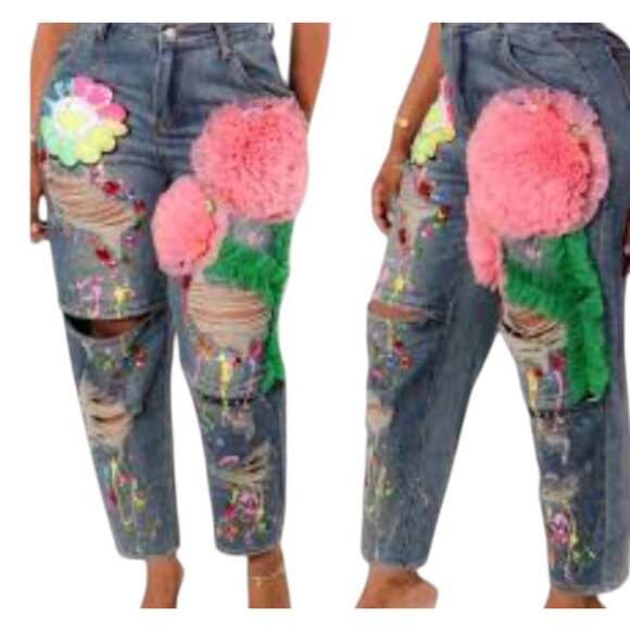 3D Floral Embellished Distressed Jeans Women's Denim Paint Splatter Ripped Y2K - Picture 2 of 11